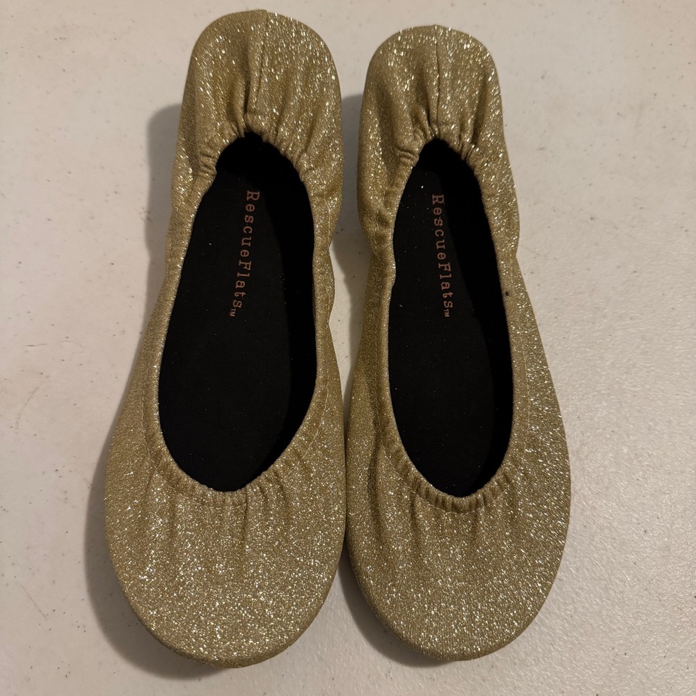 Rescue Flats Women's Gold Sparkly Glitter Slip On Size Small Casual Ballerina